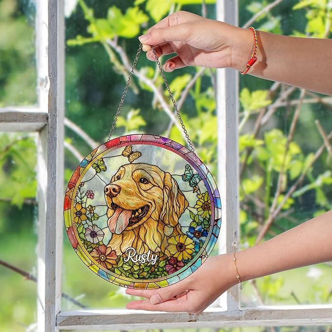 Personalized Window Hanging Suncatcher Dog Portrait Stained Glass Window Hangings, Pet Stained Glass Suncatcher, Loss of Dog Custom Name Dog Memorial Gifts