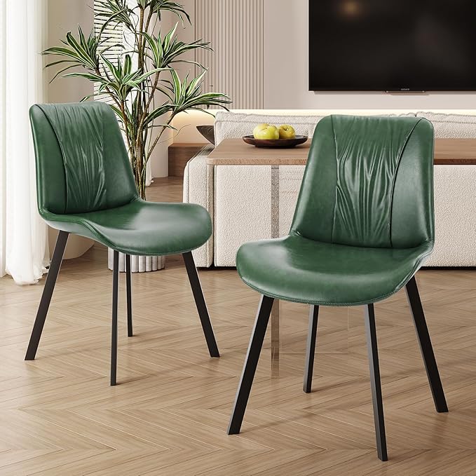 Upholstered Dining Chairs Set of 2, Modern Kitchen & Dining Room Chairs, Faux Leather, Sturdy Metal Legs, for Living Room, Cafe & Restaurant- Green