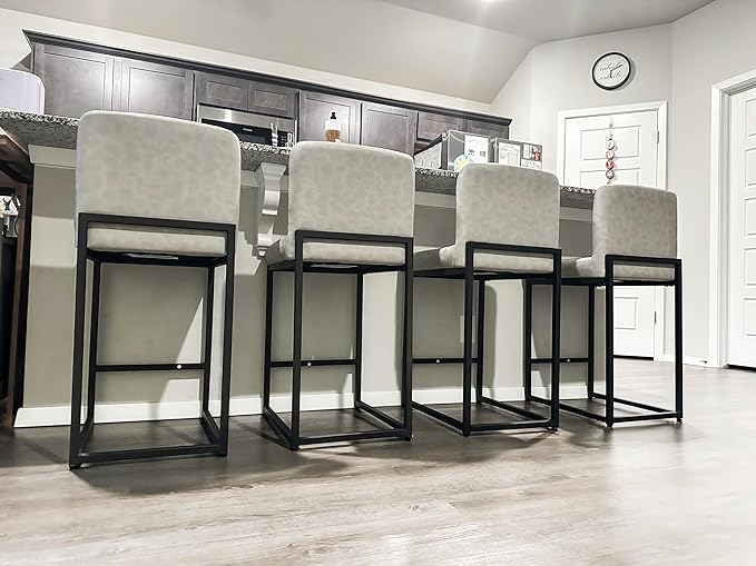ALPHA HOME 24” Bar Stools Set of 1 Counter Height Bar Stool Pu Leather Kitchen Modern Bar Stools with Backrest Upholstered Footrest Sturdy Chromed Metal Steel Frame, Light Gray