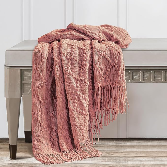 BOURINA Coral Pink Throw Blanket 50 x70 Inches Jacquard Argyle Throw Textured Solid Soft Throws and Blankets for Sofa or Bed Knitted Decorative Blanket