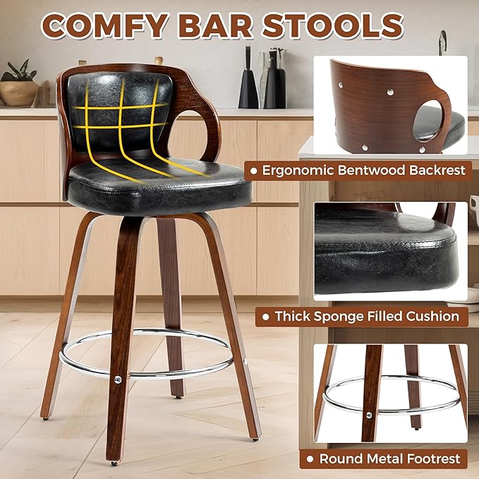 ECOTOUGE Swivel Bar Stools Set of 4, Walnut Faux Leather Counter Height Barstools with Bentwood Back and Footrest, for Dining Room, Kitchen Island and Pub, Black