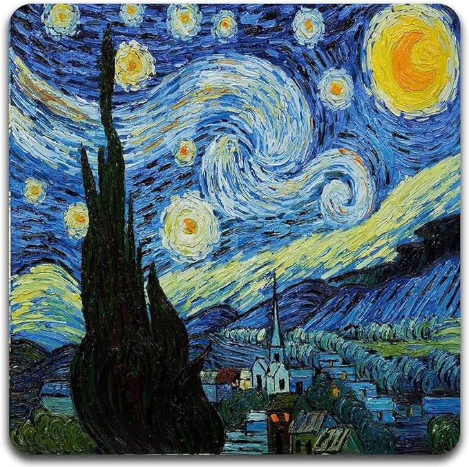 Van Gogh Style Watercolor Painting Square Coaster Set - Made of Recycled Rubber - Set of 4