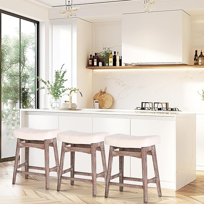 PHI VILLA Farmhouse Bar Stools Set of 4 - Wood Bartools with Upholstered Saddle Seat, 24 inch stools for Kitchen Counter Set of 4