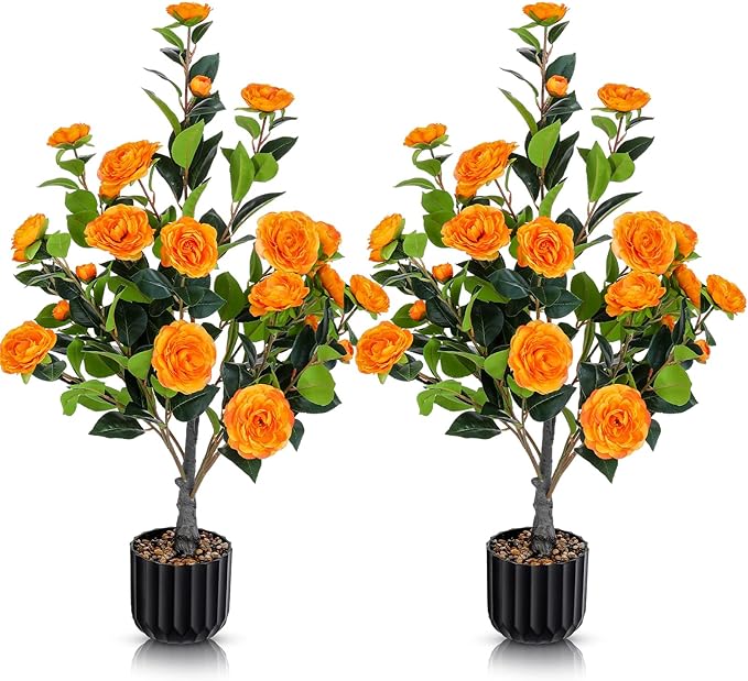 Jexine 2 Pack 36" Artificial Tree with Camellia, Fake Tree with 24 Blooming Flowers, Flower Plants Tree Faux Floral Plant Tree in Cement Pot for Indoor Outdoor Office Home Porch Decor (Orange, 36")