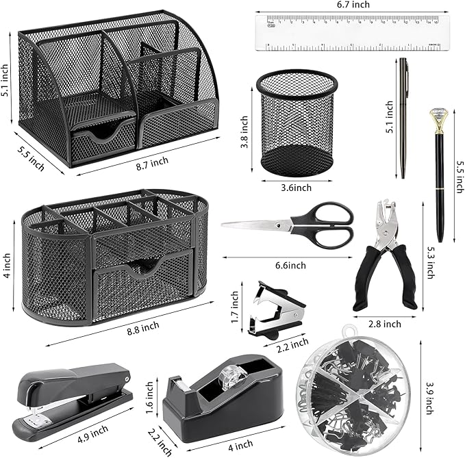 17 in 1 Black Desk Organizers and Accessories Set, 3 Office Desk Supplies Storage Organization, 4 Pens, Stapler, Staples & Remover, Tape & Dispenser, Scissors, Ruler, Clips, Hole Punch, Back to School