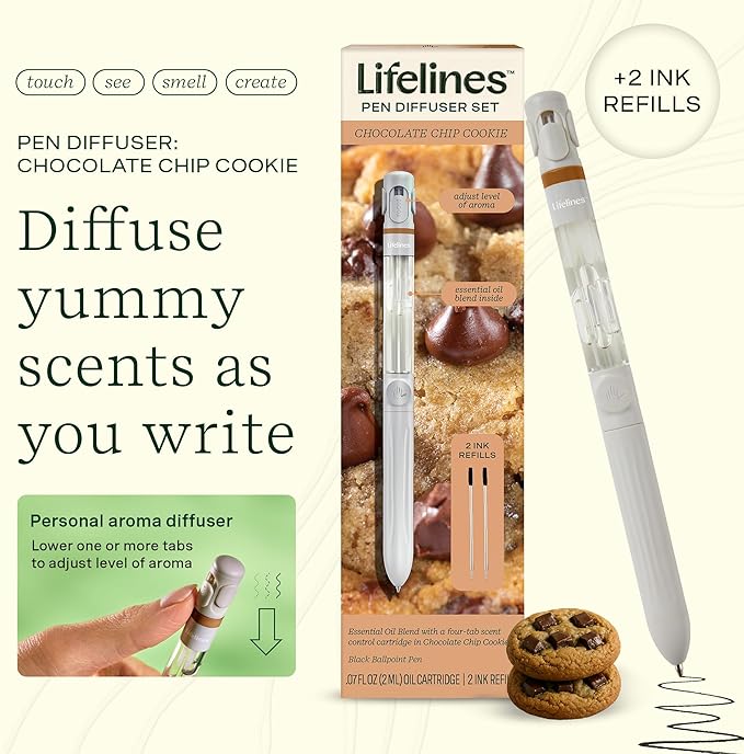 Lifelines Pen Diffuser Set, Chocolate Chip Cookie - 1mm Black Ballpoint Pen with Scented Essential Oil Blend & 2 Ink Refills – Aromatherapy Diffuser & Sensory Immersion Diffuse Aroma As You Write