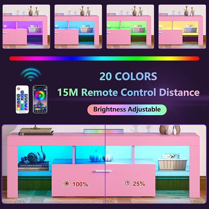 Clikuutory Modern Lighting 51 inch TV Stand with Large Storage Drawer for 32 40 50 55 Inch TVs, TV Console with 20 Color LED Lights, Entertainment Center Media and Open Shelf for Bedroom, Pink
