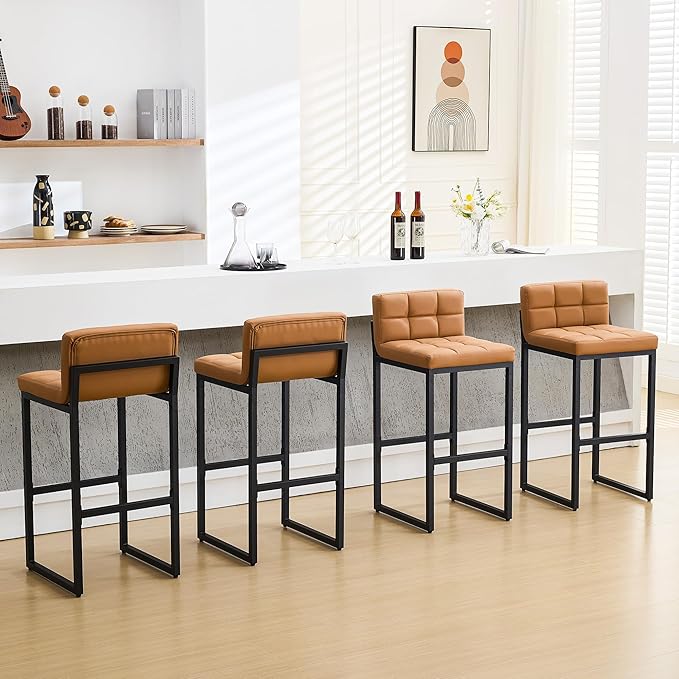 Bar Stools Set of 4, Upholstered Bar Height Barstools with Back and Thickened Metal Frame, Modern 30-inch Tall Bar Chairs for Kitchen Island, Bar, Counter (Caramel Brown, 4Pcs 30" Bar Stools)