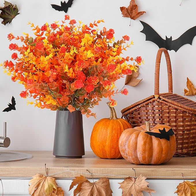 AGIRL 12 Bundles Artificial Fall Flowers Outdoor Indoor Decoration,No Fade Autumn Fake Plastic Plants with Eucalyptus Leaves,Faux Mums for Thanksgiving Garden Front Door Porch Patio Fall Decor