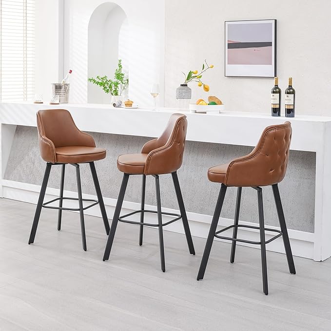 Bar Stools Set of 4, 30" Swivel Bar Height Bar Stools with High Back, Faux Leather Kitchen Bar Chairs Bar Height for Kitchen Island (Dark Brown, 4PCS 30" Bar Stool)