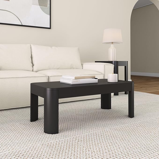 Plank+Beam Small Modern Rounded Coffee Table, 40 Inch, Solid Wood Contemporary Center Table for Living Room, Rectangle Tea Table, Black