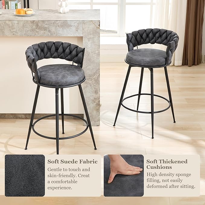 Grey Bar Stools Set of 3, 28 Inch Counter Height Bar Stool with Metal Legs, 360° Swivel Barstools with Woven Back Leather Upholstered, Modern Chair for Kitchen Island, Cafe