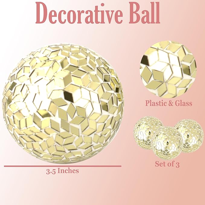 Alpha Living Home 3.5" Glass Mosaic Elegant Antique Gold Metal Sphere Set of 3 - Chic Centerpieces, Farmhouse & Art Deco Home Accents, Vintage Modern Table Decor, Indoor/Outdoor Ornament (Gold)