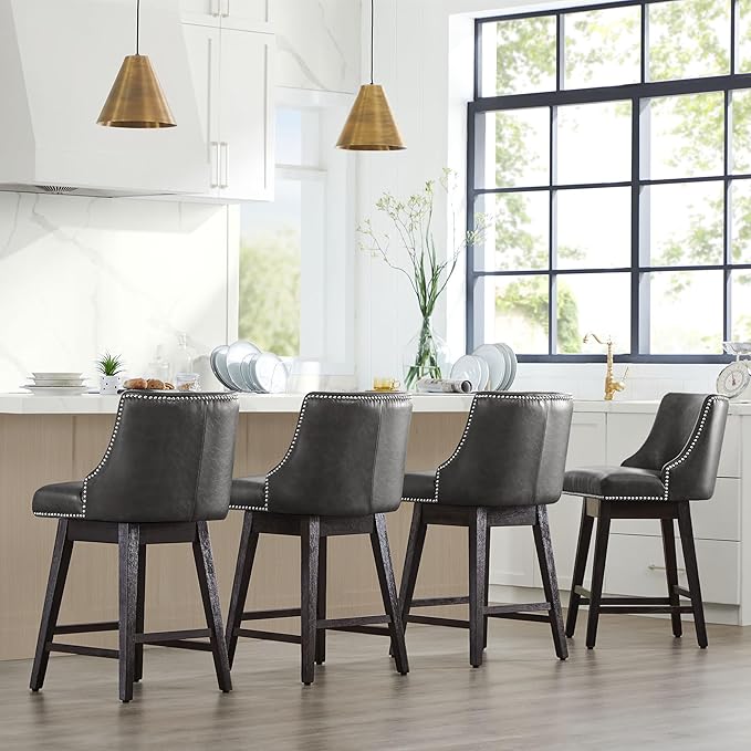CHITA Counter Height Swivel Bar Stools Set of 2, FSC Certified Upholstered Counter Stools, Modern Swivel Barstools with Wood Legs for Kitchen Island, 26" Seat Height, Faux Leather in Retro Grey