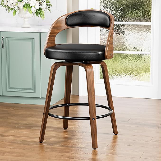 Bar Stools, 26" Counter Height Barstools with Bentwood Legs, Swivel Counter Stools with Back, Mid Century Modern Faux Leather Upholstered Bar Chairs for Kitchen Island, Black