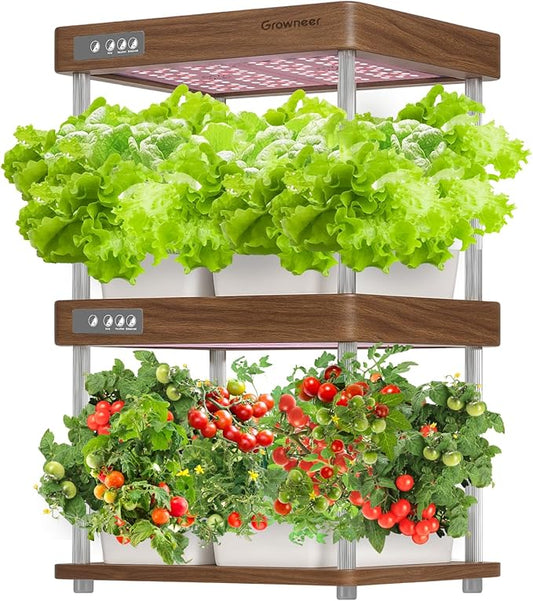 GROWNEER HydroEasy1.0 Hydroponic Growing System, 2-Tier Indoor Garden with Full-Spectrum LED Grow Lights, 32 Pods, Solid Wood Design, Independent Water Circulation, Ideal for Vegetables, Herbs, Walnut
