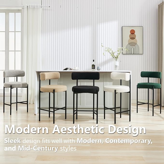 28'' Boucle Bar Stools Set of 3, White Bar Stools with Backs, Bar Height Stools for Kitchen Island, Upholstered Bar Chairs with Gold Legs