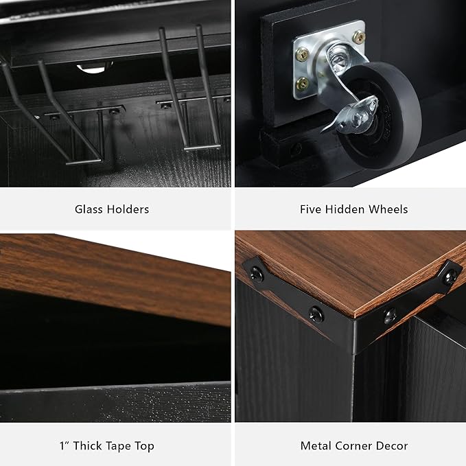 Merax Farmhouse Rolling Kitchen Island on Wheels with Drop Leaf Table & Power Outlet, Wood Kitchen Cart on Wheels with Spice Rack, Glass Holders, 3 Drawers & Cabinet, 58" Wide Black