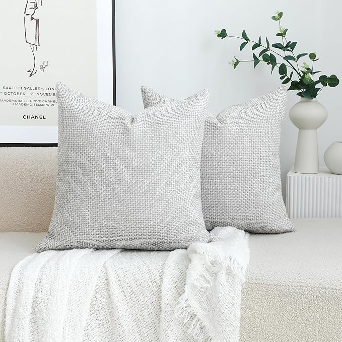 Stellhome Pack of 2 Chenille Neutral Decorative Throw Pillow Covers Soft Woven Textured Luxury Accent Cushion Cases for Living Room Couch Bed Sofa Farmhouse Boho Home, 18x18 inch, Light Grey