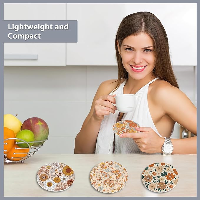 6 Pcs Coasters for Drinks with Holder,Retro 70s 60s Floral Hippie Flowers Absorbent Coaster with Cork Backing,Great Gift for Housewarming,Room Decor,Bar,Holiday Party