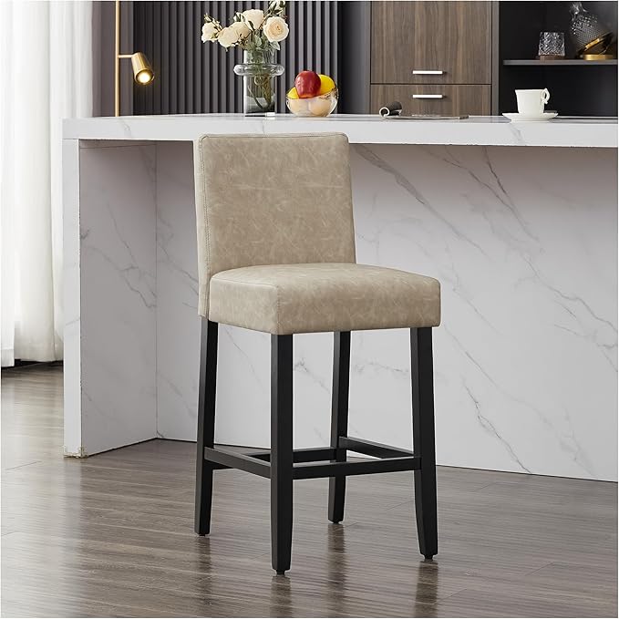 26'' Faux Leather Bar Stools, Modern Upholstered Bar Height Bar Chairs, Soild Wood Legs Barstools with Back, Beige