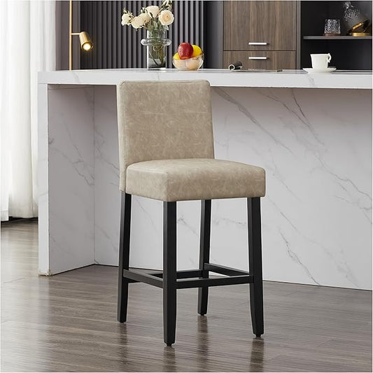 26'' Faux Leather Bar Stools, Modern Upholstered Bar Height Bar Chairs, Soild Wood Legs Barstools with Back, Beige