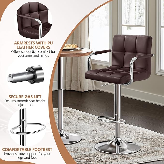Yaheetech Bart Stools Set of 4, PU Leather Adjustable Barstools with Armrest, Counter Height Stool Chairs with Thickened Seat Cushion for Kitchen Island, Brown