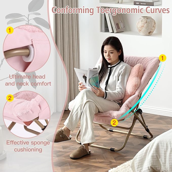 Welnow Comfy Saucer Chair, Oversized Folding Reading Chair for Adults with Throw Pillow Soft Faux Fur Lounge Chair for Bedroom Furry Accent Chair for Living Room, Dorm Rooms, Pink