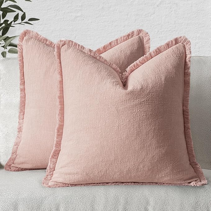 MIULEE Decorative Throw Pillow Covers Neutral Linen Fringe Throw Pillows Set of 2 Pink Boho Farmhouse Cushion Covers with Tassels for Couch Sofa Bed Living Room Spring Home Decor 20x20 Inch