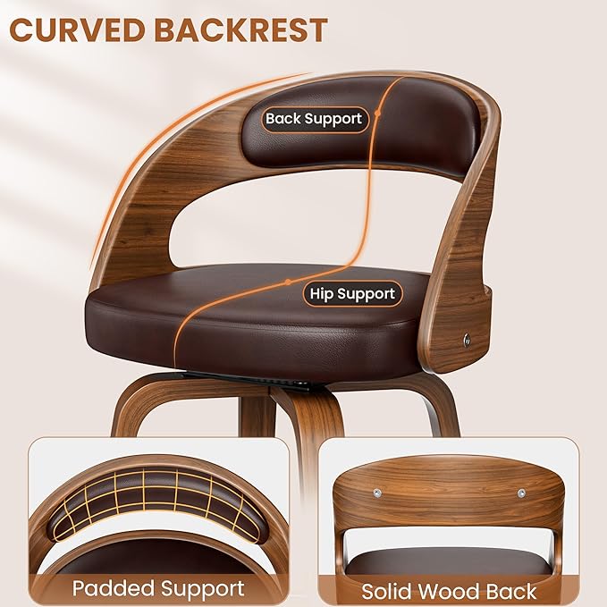 Bar Stools Set of 4, 26" Swivel Counter Height Barstools with Bentwood Legs and Back, Mid Century Modern Faux Leather Upholstered Bar Chairs for Kitchen Island, Restaurant, Brown