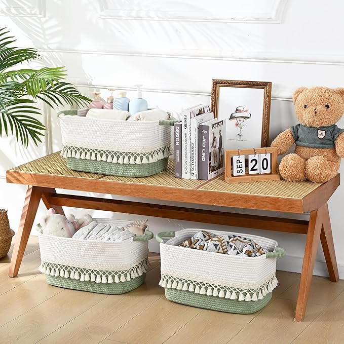 2 Pack Storage Basket, Heavy Tassel Woven Baskets for Storage, Boho Cotton Rope Storage Bin, Cube Organizer Bins, Baby Laundry Basket for Clothes, Toys, Diapers, Pets（White & Green）