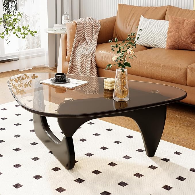 Glass Coffee Table for Living Room Mid Century Modern Triangle Center Table with Wooden Base, Brown/Black