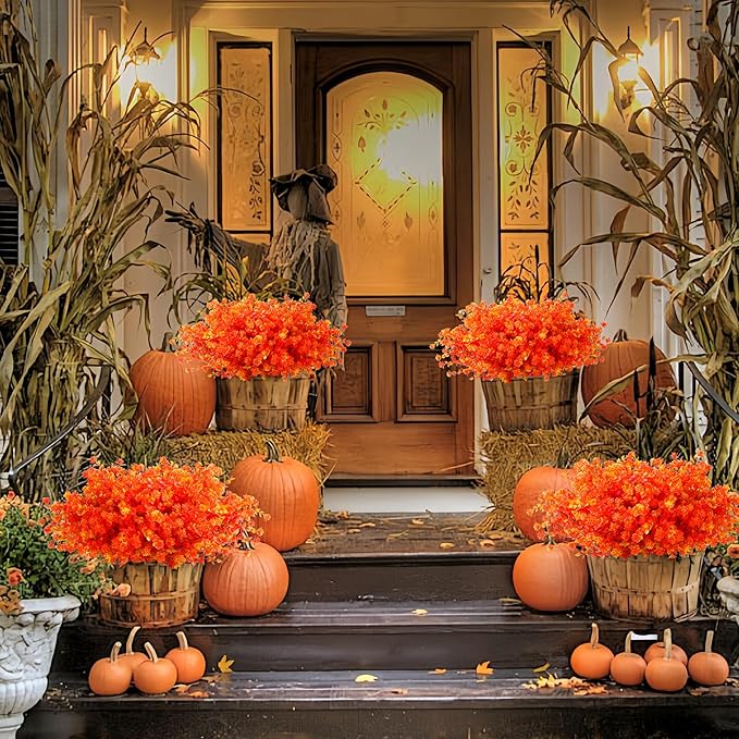 SITUMEIZI Artificial Mums for Outdoor Fall Flowers,Faux Flower Eucalyptus Leaves Fake Plants Greenery Outside Plastic Proch Patio Front Fall Halloween Thanksgiving Decorations(8Pcs,Orange)