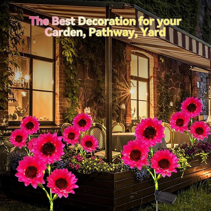 Solar Garden Flowers Lights Outdoor Waterproof Sunflower Solar Lights for Yard Decorations Garden Decor 3 Pack for Yard Patio Lawn Gift for Mom Women Mother's Day (Pink Sunflower)