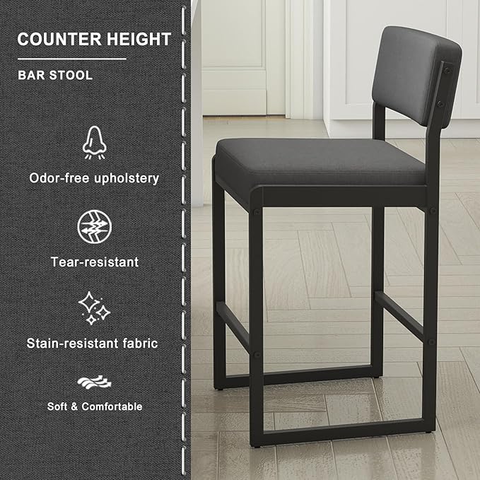 Mid Century Modern Counter Height Bar Stools Set of 3, 26" Bar Height Chairs with Backs, Upholstered Counter Stools, Metal Barstools for Kitchen Island (Darkgray- Fabric, 26" H - Set of 3)