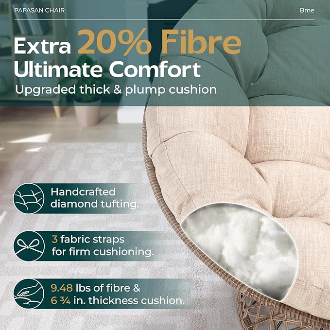 Bme 46" Large Size Ergonomic Wicker Papasan Chair with Soft Thick Density Fabric Cushion, Bee-Designed Base, High Capacity Steel Frame, 360 Degree Swivel for Living, Bedroom,...