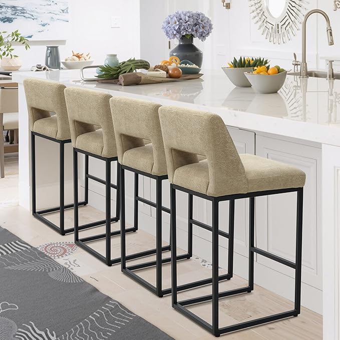Counter Height Bar Stools Set of 4 for Kitchen Counter Modern Bar Chairs with Backs for Kitchen Island with Upholstered Fabric Seat and Metal Frame, Khaki, 26 Inch