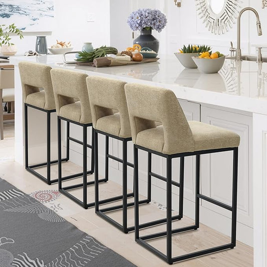 Counter Height Bar Stools Set of 4 for Kitchen Counter Modern Bar Chairs with Backs for Kitchen Island with Upholstered Fabric Seat and Metal Frame, Khaki, 26 Inch