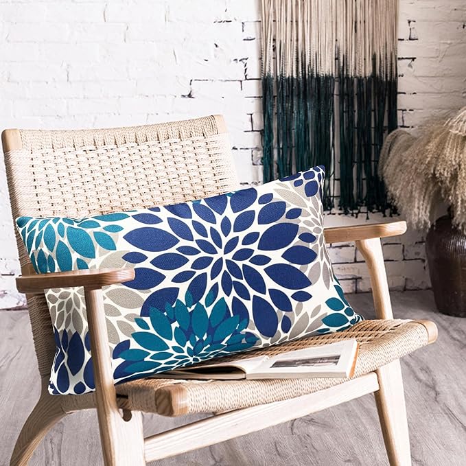 Decorative Throw Pillow Covers Set of 2 Blue Pillow Covers 12x20 Inch Couch Pillow Covers for Sofa Living Room Outdoor Throw Pillow Cover Linen Square Floral Flower Farmhouse Pillowcase