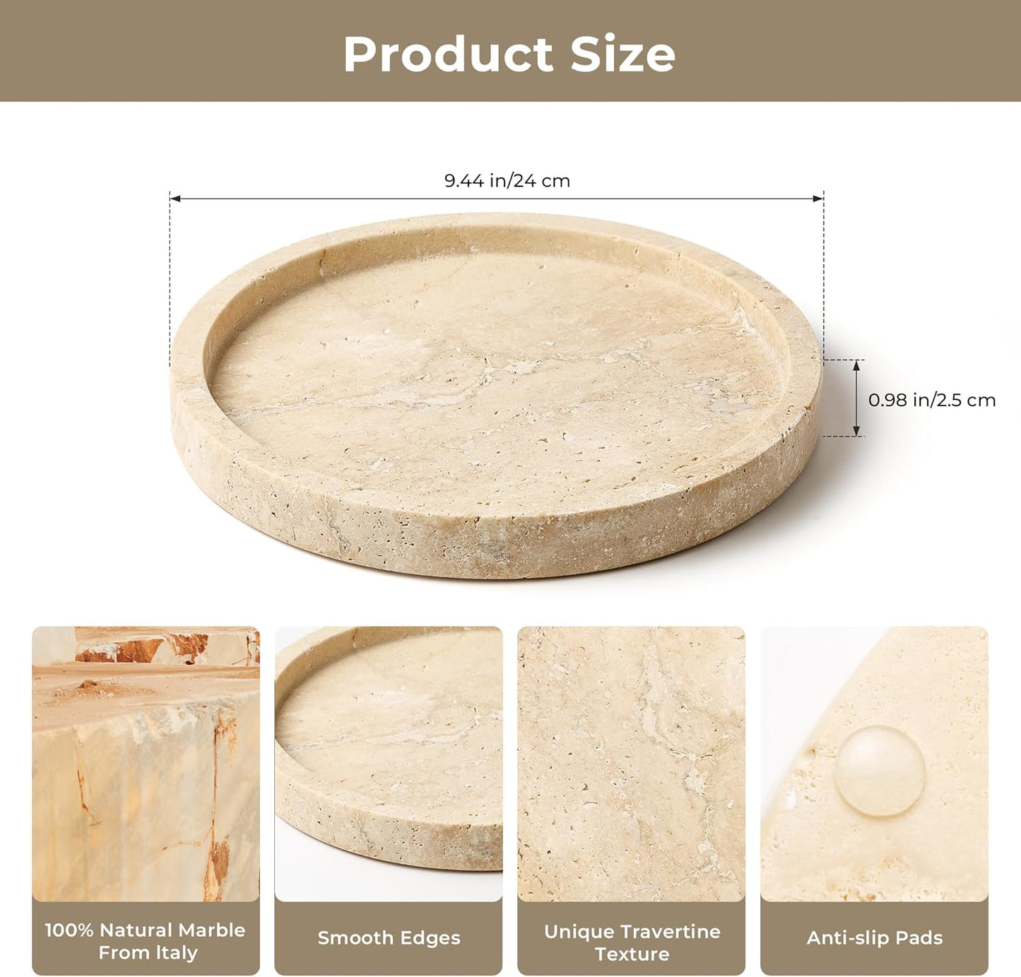 WORHE Natural Marble Vanity Tray for Bathroom Kitchen Dresser, Travertine Stone Decorative Trays for Jewelry, Perfume, Cosmetic, Candle, Round Countertop Storage Organizer for Home Decor Beige (WH019)