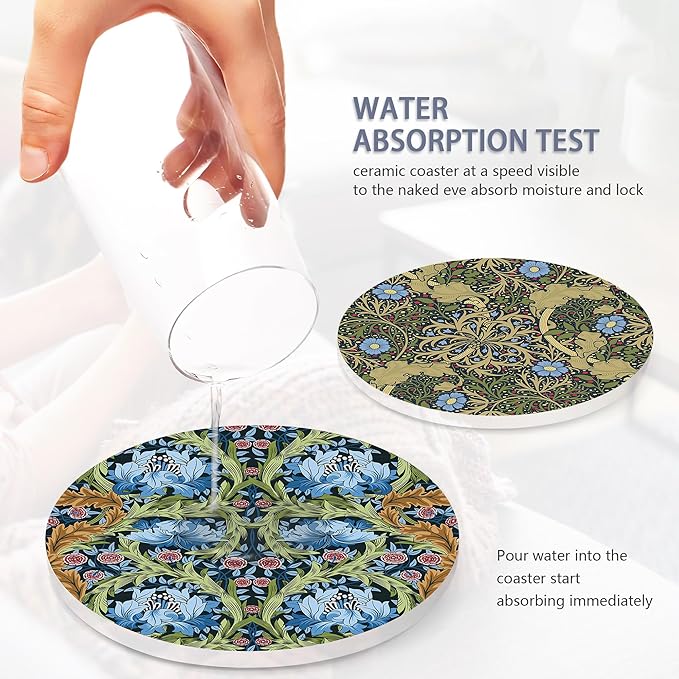 Coaster for Drinks Set of 6, Vintage Flower Absorbing Round Ceramic Stone Coaster with Cork Base,Tabletop Protection Mat for Mugs and Cups,Coffee Table Wine Glass Home Bar 4 Inch