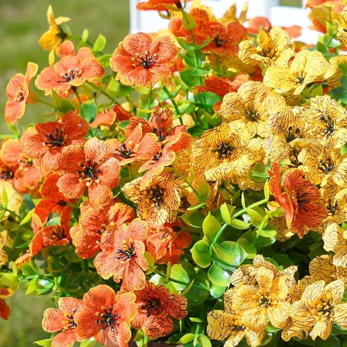 Artificial Fall Flowers Fake Mums for Outdoor Autumn Decoration, 12 Bundles Faux Silk Orange Yellow Mums Daisy Look Real UV Resistant for Outside Home Porch Patio Planter