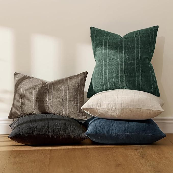 MIULEE Christmas Decorative Linen Check Throw Pillow Covers Neutral Farmhouse Vintage Pillow Covers 20x20 Set of 2 Boho Modern Home Decor for Sofa Couch Bedroom Cushion Dark Green