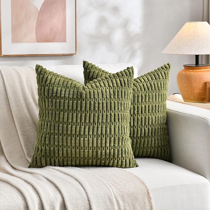 Fancy Homi 2 Packs Boho Moss Green Decorative Throw Pillow Covers 14x14 Inch for Couch Bed Sofa, Rustic Modern Farmhouse Home Decor, Soft Plush Corduroy Cute Square Cushion Case 35x35 cm