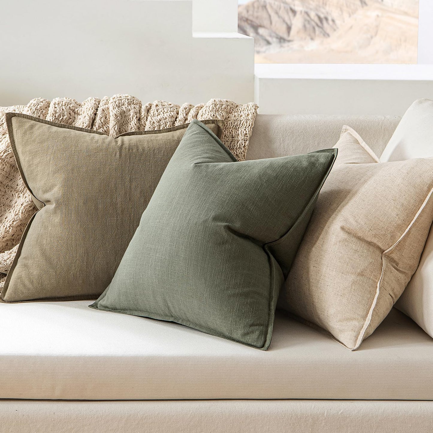 MIULEE Decorative Linen Pillow Covers 18x18 Inch Olive Green Boho FarmhouseNeutral Couch Throw Pillows for Bed Pack of 2 Accent Outdoor Pillowcase Modern Sofa Cushion Livingroom Home Decor