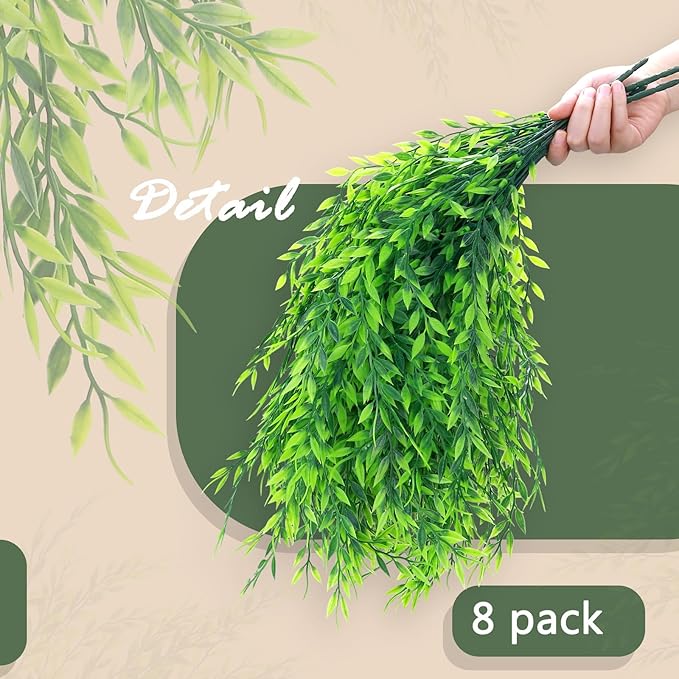 summer flower 8pack Fake Plants Weeping Willow Set Artificial Greenery Sterms Hanging Ivy Vine Plant Faux Garland Leaves UV Resistant for Outdoor Porch Party Garden Indoor Home Office Decoration