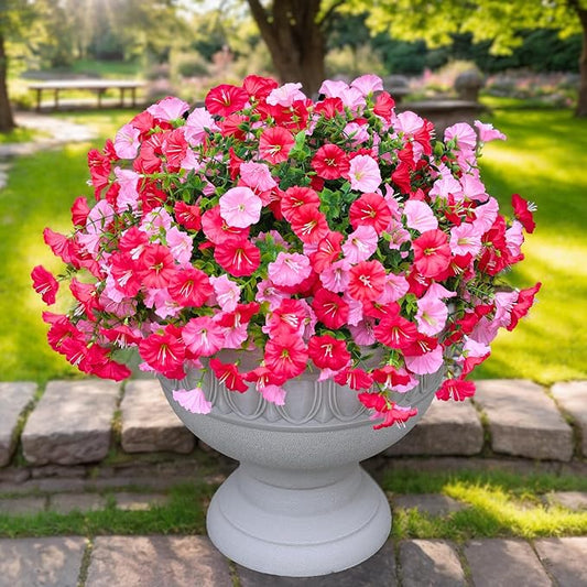 Artificial Flowers for Outdoor, Fake Flowers Faux Plants for Outside Indoor, 4PCS Summer Decor, Morning Glory Petunia UV Resistant, for Garden Porch Window Box Home Planters Farmhouse (Darklightpink)