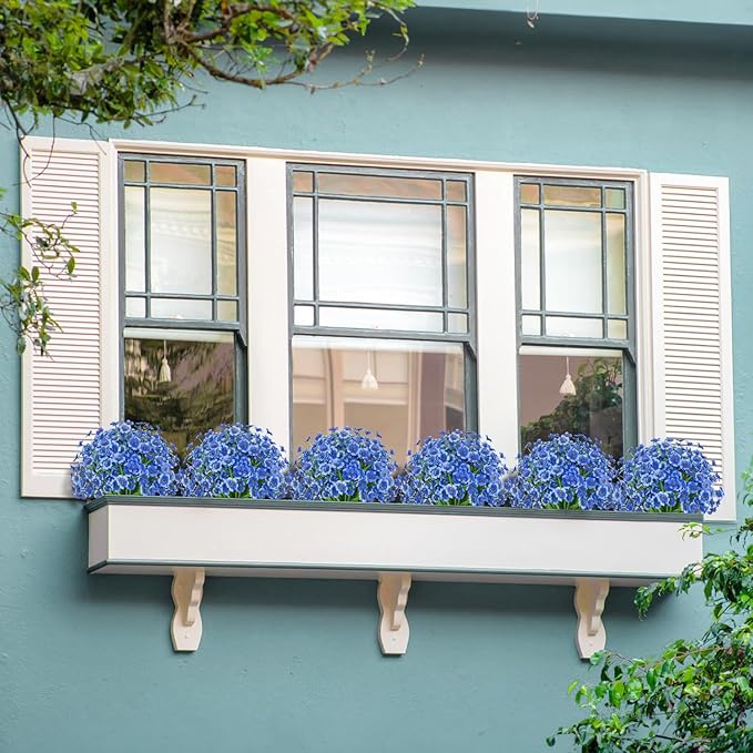Outdoor Artificial Flowers 21 UV Resistant Bundles Fake Flower Plastic Plants Faux Silk Flowers Porch Hanging Garden Porch Window Box Decorating (Blue)