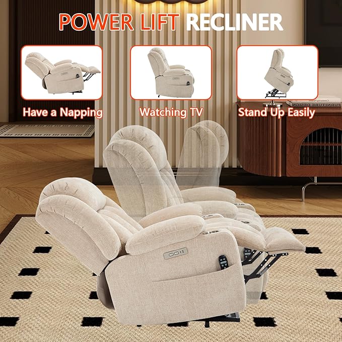 Power Lift Recliner Chair, 350lb Capacity with 8-Point Massage & Heating, USB/Type-C Ports & Cup Holders, Heavy Duty Chenille Recliner for Elderly, Beige