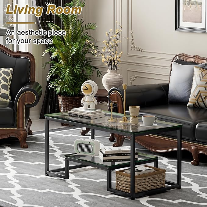 Coffee Table Black Glass Coffee Table for Living Room,2 Tiers Rectangle Center Table with Sturdy Metal Frame,Modern Tempered Glass Accent Table for Bedroom Home Office